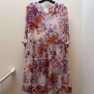 Johnny Was Silk Chiffon Tiered Mini Dress Autumn Leaves NWT XXL